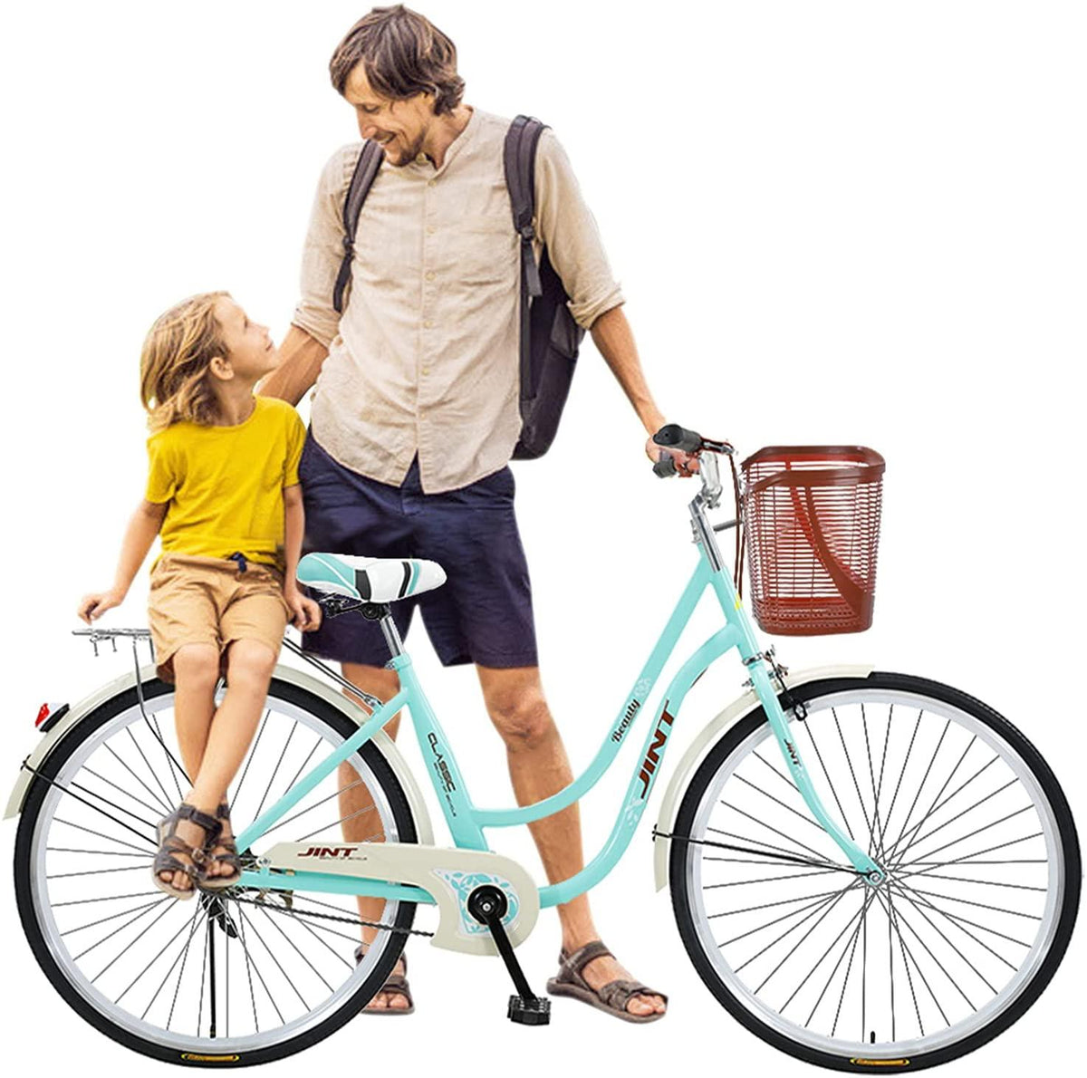 Beach Cruiser Bike for Women 26 Inch Classic Retro Bicycle Road Bikes Single Speed Comfortable Bicycle Commuter Bicycle High-Carbon Steel Frame, Front Basket, Rear Racks