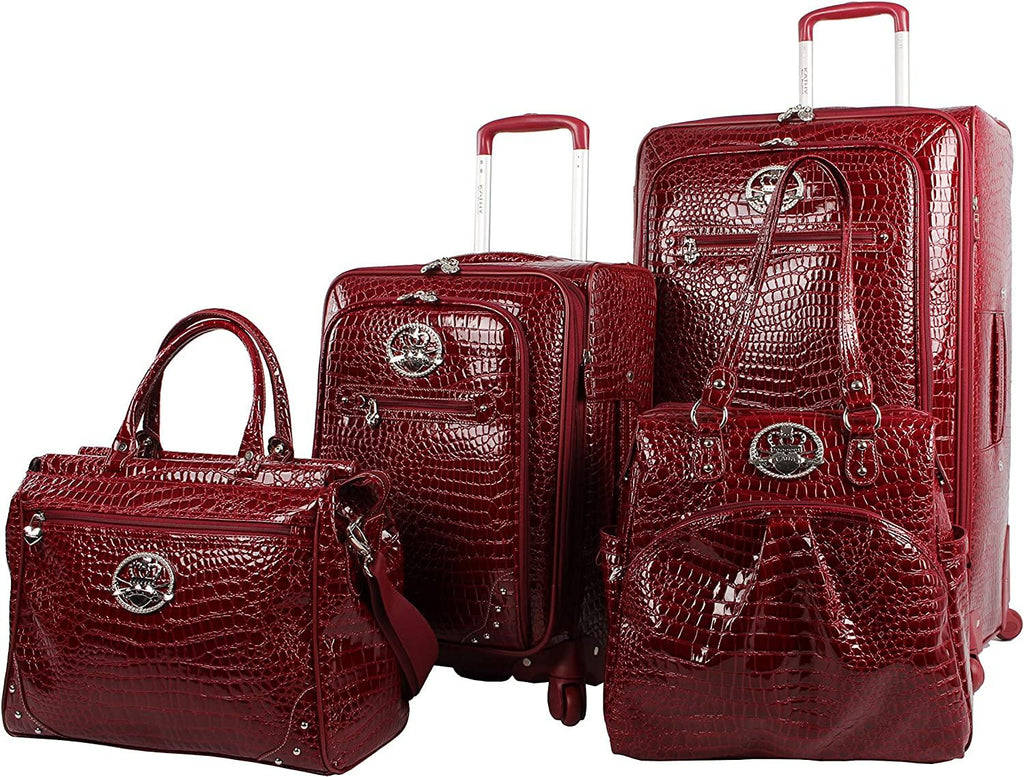 Croco PVC er Luggage - 4 Piece Softside Expandable Lightweight Spinner Suitcases - Travel Set includes a Dowel and Shopper Bags, 20-Inch Carry On &amp; 28-Inch Suitcase (Burgundy)
