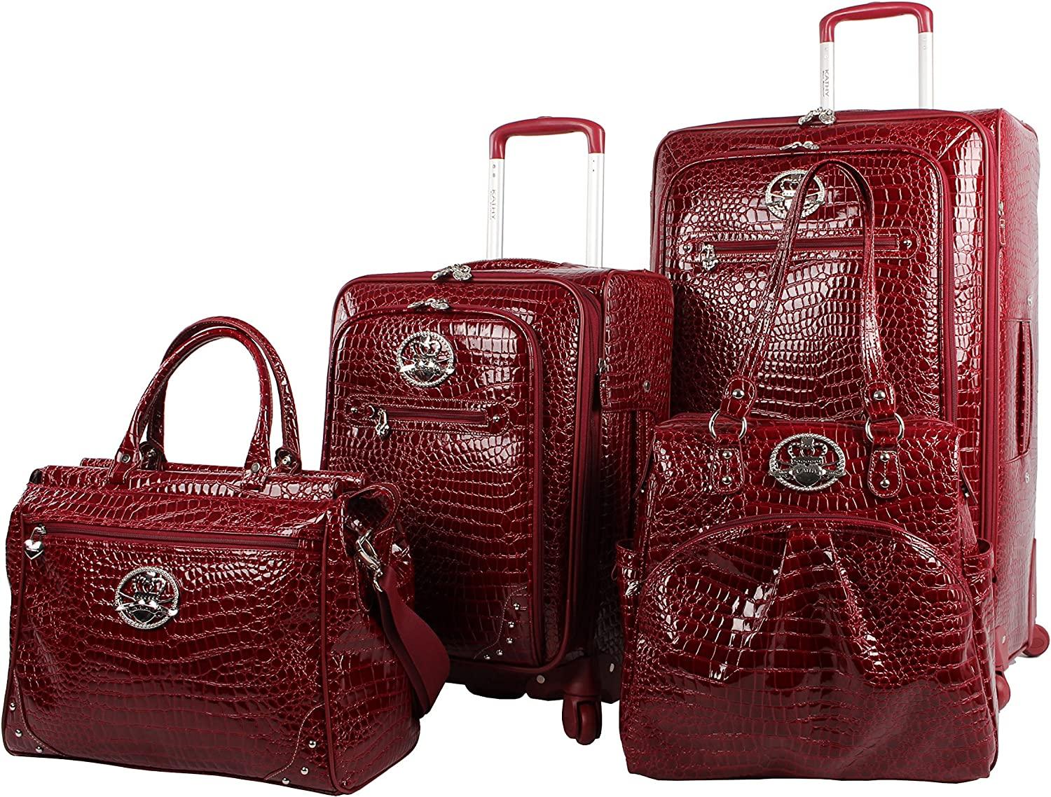Croco PVC er Luggage - 4 Piece Softside Expandable Lightweight Spinner Suitcases - Travel Set includes a Dowel and Shopper Bags, 20-Inch Carry On &amp; 28-Inch Suitcase (Burgundy)
