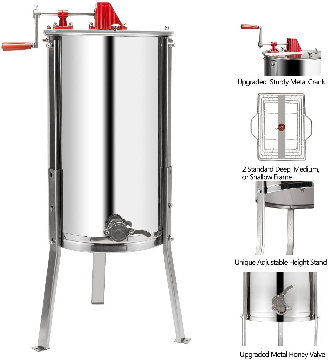 vingli 2 frames manual honey extractor separator, food grade stainless steel honeycomb spinner drum crank by hand with adjustable height stands, beekeeping pro extraction apiary centrifuge equipment