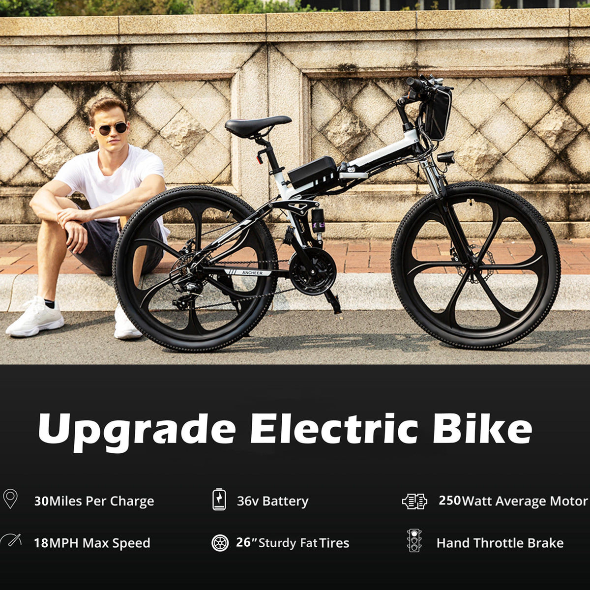 26 In. 3 WorModels Foldable Electric Bike with Super Lightweight Magnesium Alloy 6 Spokes Integrated Wheel, LarCapacity Lithium-Ion Battery (36V 350W), Double Layer Aluminum Alloy Wheel for Men