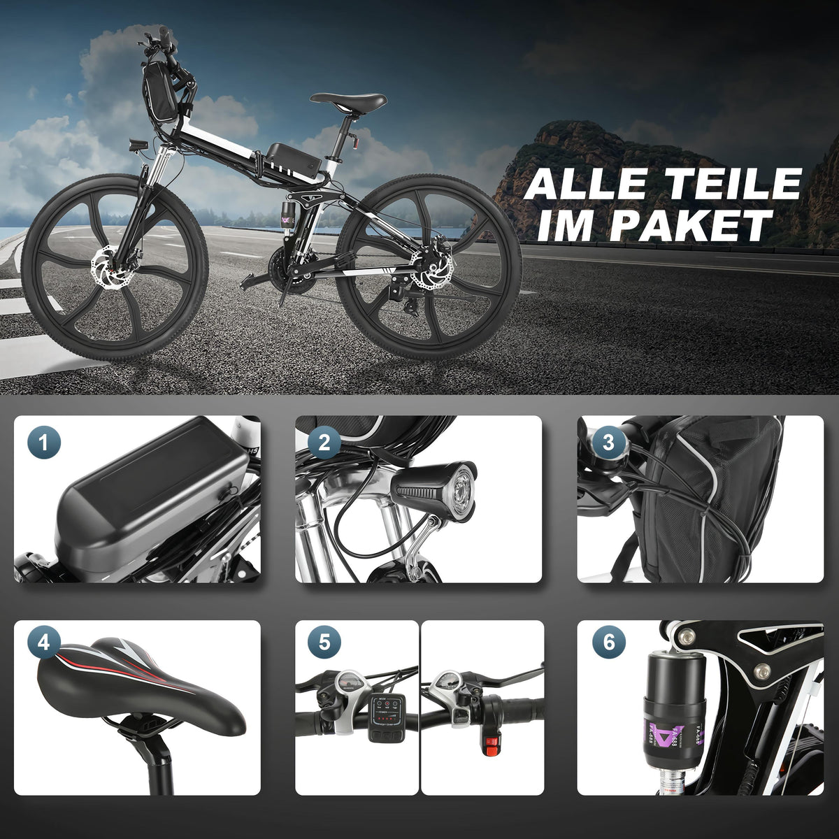 26 In. 3 WorModels Foldable Electric Bike with Super Lightweight Magnesium Alloy 6 Spokes Integrated Wheel, LarCapacity Lithium-Ion Battery (36V 350W), Double Layer Aluminum Alloy Wheel for Men