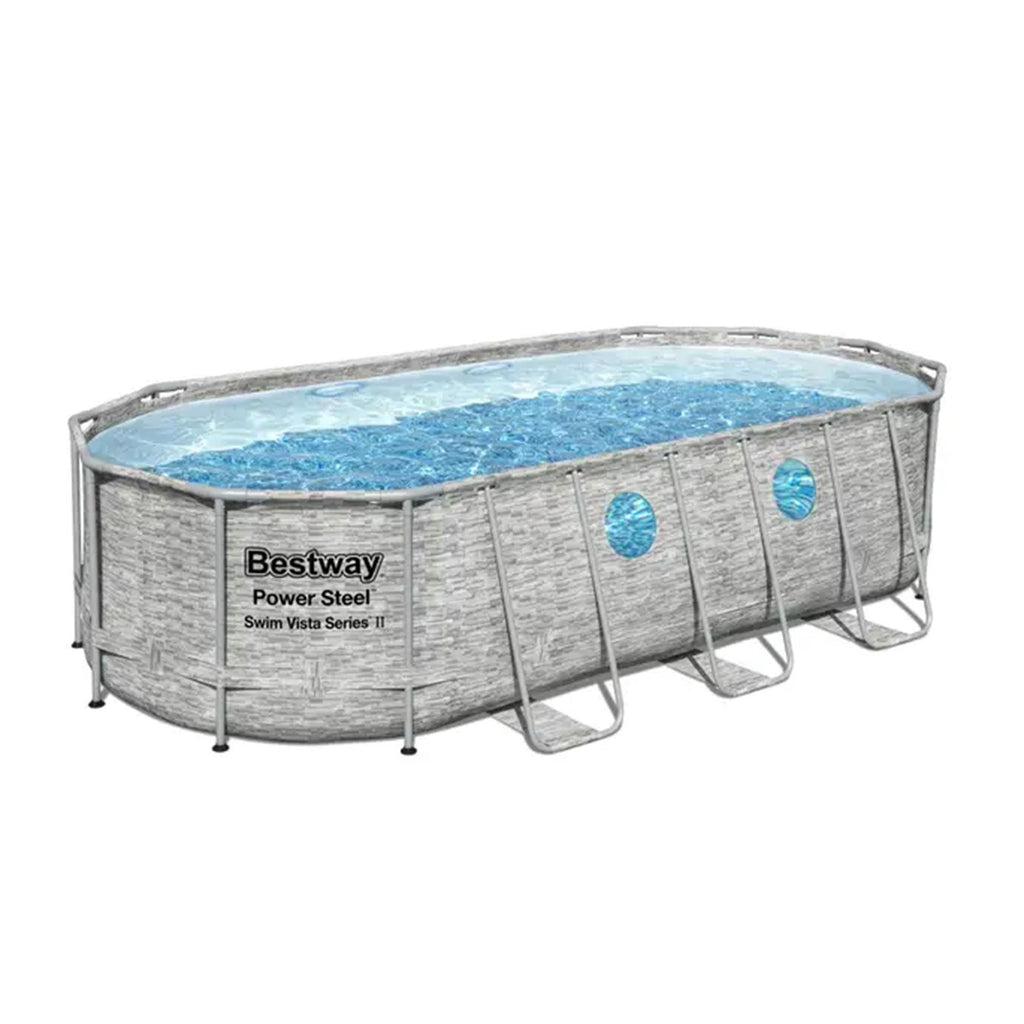 56717E Power Steel Swim Vista 18' x 9' x 48" Outdoor Oval Above Ground Swimming Pool Set with 1500 GPH Filter Pump, and
