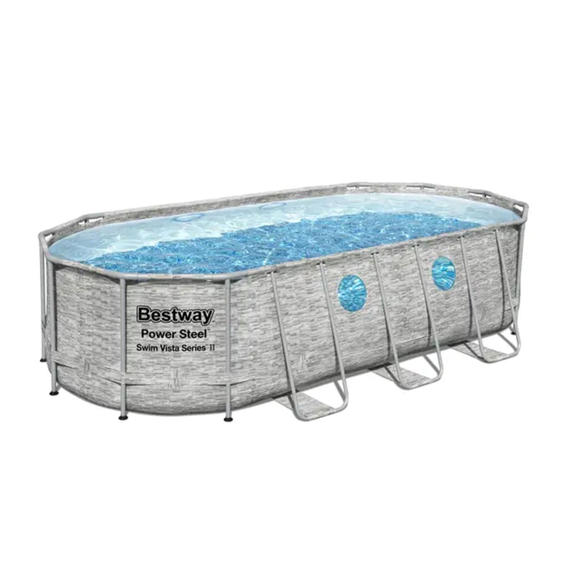 56717E Power Steel Swim Vista 18' x 9' x 48" Outdoor Oval Above Ground Swimming Pool Set with 1500 GPH Filter Pump, and