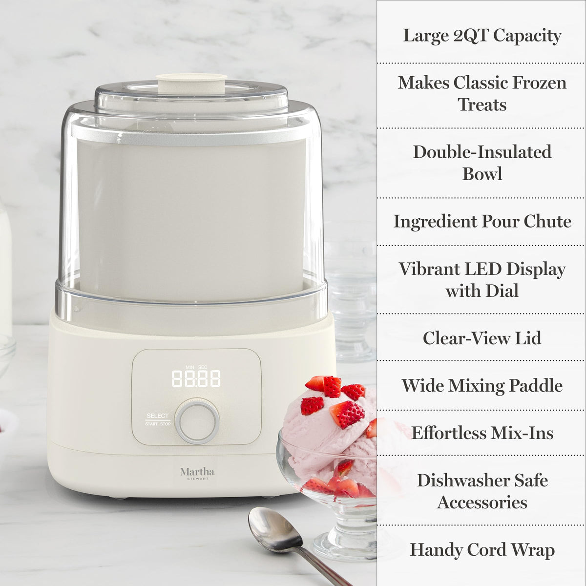 Ice Cream Maker, 2 Quart Double-Insulated Freezer Bowl, Sorbet & Frozen Yogurt, Ready in 20 Minutes, Mix-Ins Chute, Easy to Clean, Linen Cream