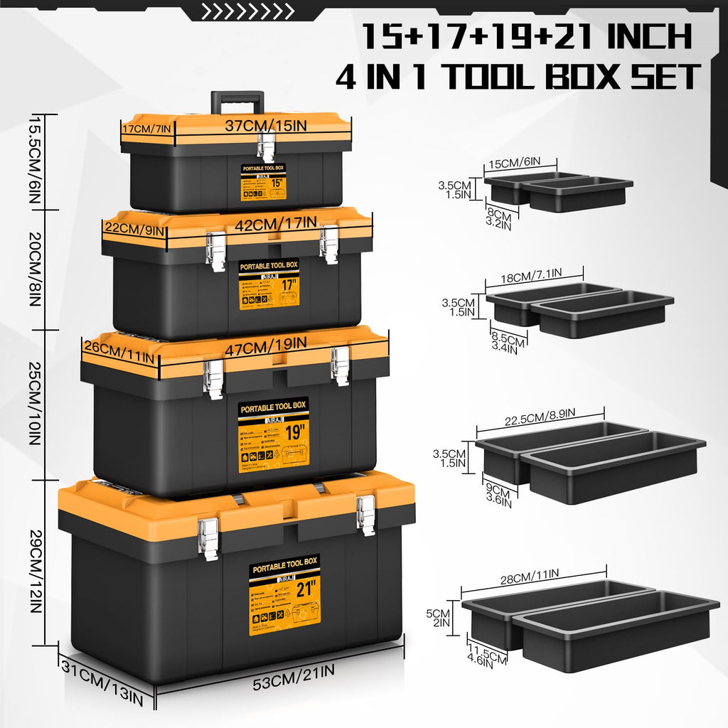 Tool Box | 4 In 1 Toolbox Set | 8 Removable Tool Box Organizers | 15”+17”+19”+21” | Lockable Portable Tool Boxes | Mini/Small/LarToolboxes | GaraStoraTools | Home/Professional | Hand/Power