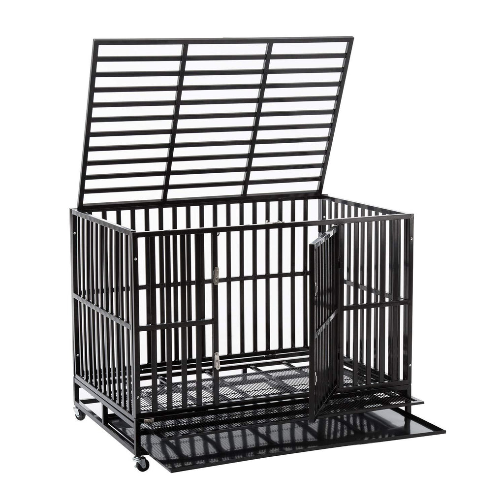 Sliverylake XXL 42'' Dog CaCrate Kennel - Heavy Duty Double Door Pet Caw/Metal Tray Wheels Exercise Playpen (42'', New-Square Bar Black)