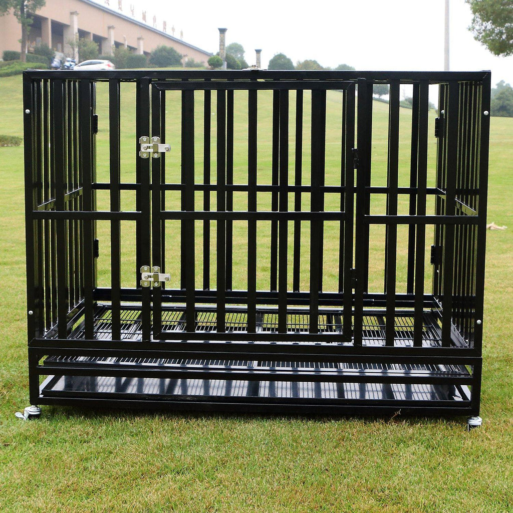 Sliverylake XXL 42'' Dog CaCrate Kennel - Heavy Duty Double Door Pet Caw/Metal Tray Wheels Exercise Playpen (42'', New-Square Bar Black)