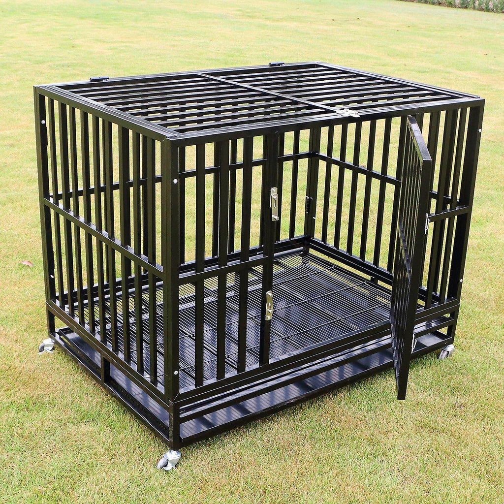 Sliverylake XXL 42'' Dog CaCrate Kennel - Heavy Duty Double Door Pet Caw/Metal Tray Wheels Exercise Playpen (42'', New-Square Bar Black)