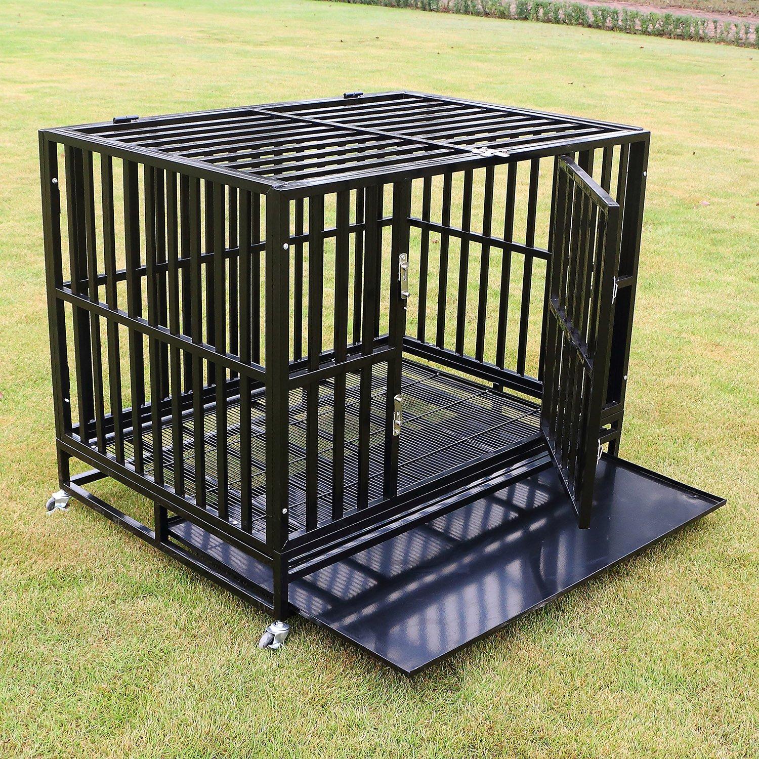 Sliverylake XXL 42'' Dog CaCrate Kennel - Heavy Duty Double Door Pet Caw/Metal Tray Wheels Exercise Playpen (42'', New-Square Bar Black)