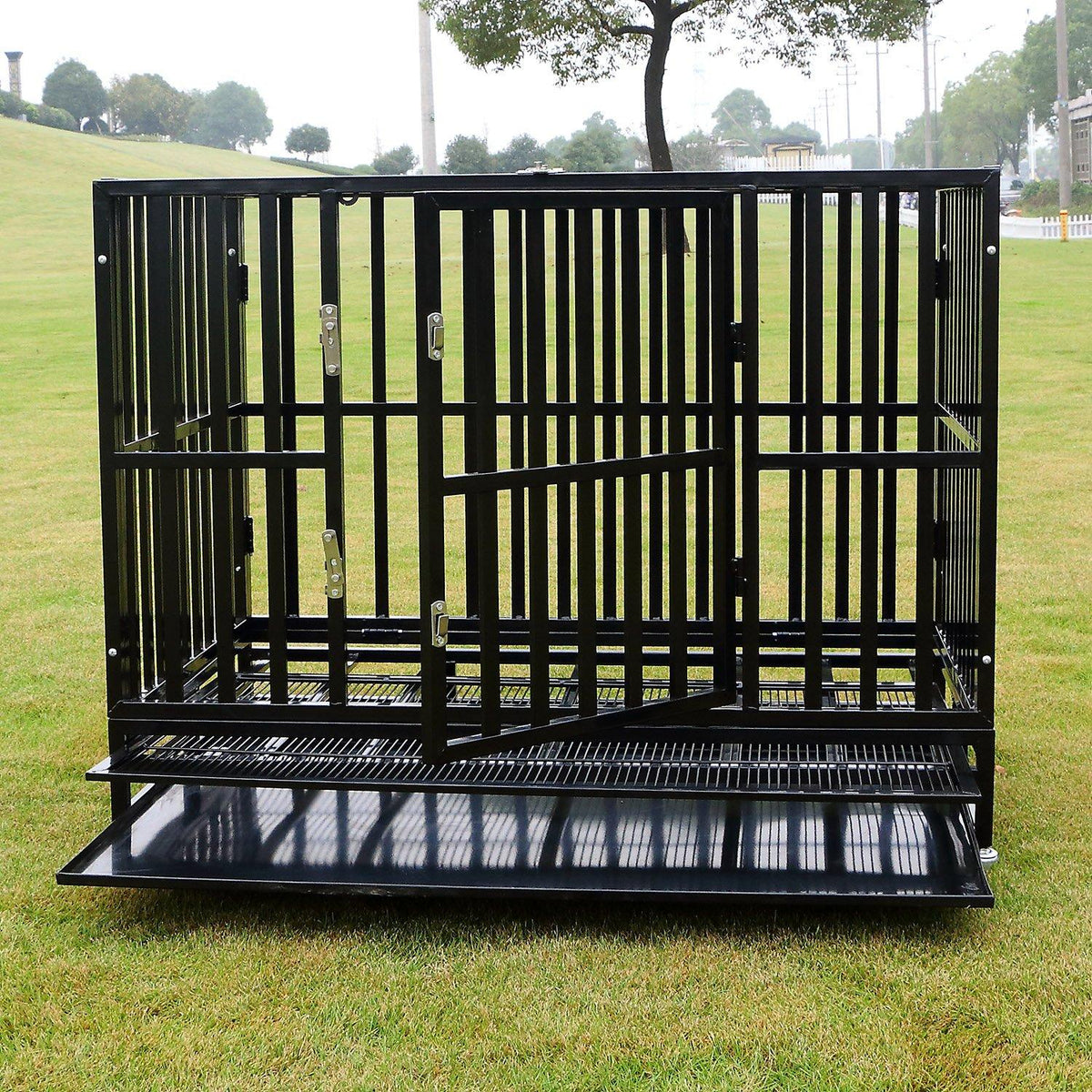 Sliverylake XXL 42'' Dog CaCrate Kennel - Heavy Duty Double Door Pet Caw/Metal Tray Wheels Exercise Playpen (42'', New-Square Bar Black)