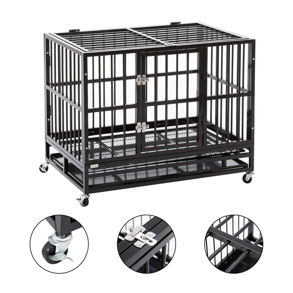 Sliverylake XXL 42'' Dog CaCrate Kennel - Heavy Duty Double Door Pet Caw/Metal Tray Wheels Exercise Playpen (42'', New-Square Bar Black)