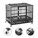 Sliverylake XXL 42'' Dog CaCrate Kennel - Heavy Duty Double Door Pet Caw/Metal Tray Wheels Exercise Playpen (42'', New-Square Bar Black)