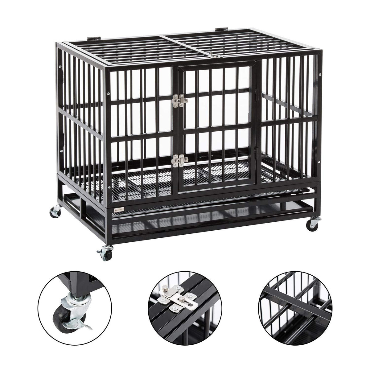 Sliverylake XXL 42'' Dog CaCrate Kennel - Heavy Duty Double Door Pet Caw/Metal Tray Wheels Exercise Playpen (42'', New-Square Bar Black)