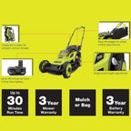 ONE+ 18V 13 In. Cordless Battery Walk Behind Push Lawn Mower With 4.0 Ah And