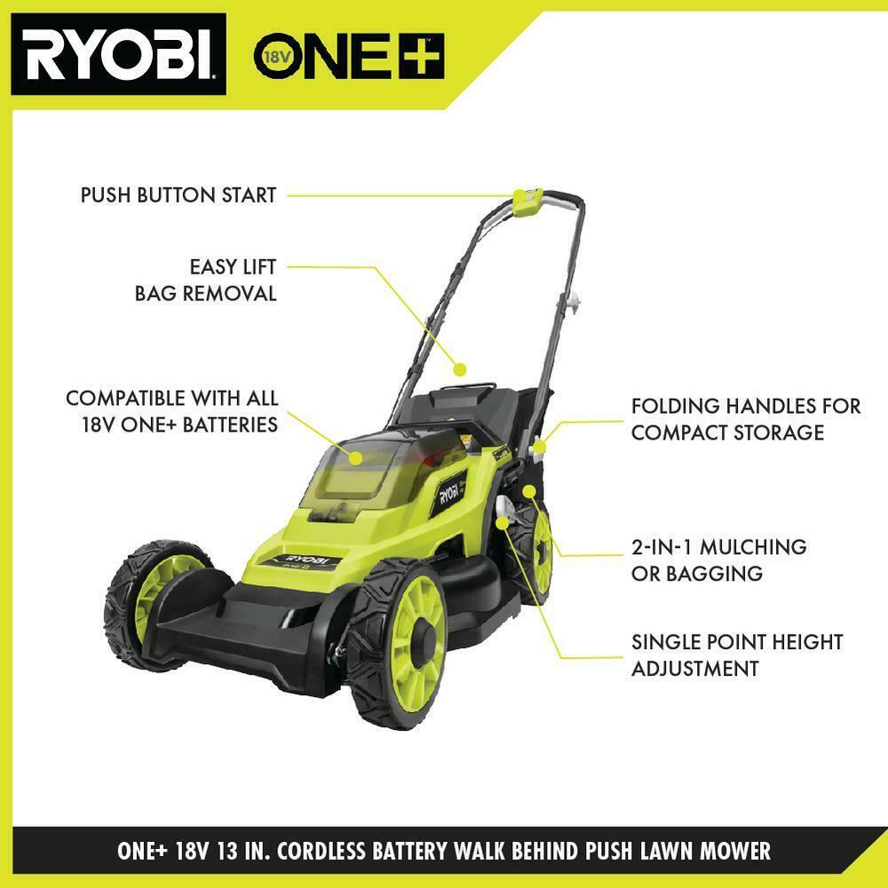 ONE+ 18V 13 In. Cordless Battery Walk Behind Push Lawn Mower With 4.0 Ah And