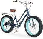 reezero EVRYjourney Fat Tire Women's 7-Speed Step-Through Touring Hybrid Bike, 26" Bicyle, Navy Blue w/Brown Seat/Grips