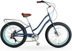 reezero EVRYjourney Fat Tire Women's 7-Speed Step-Through Touring Hybrid Bike, 26" Bicyle, Navy Blue w/Brown Seat/Grips