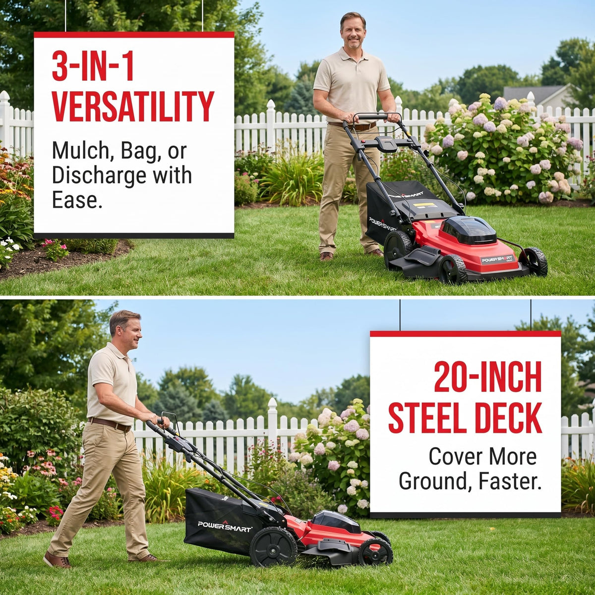 20" Self Propelled Cordless Lawn Mower,40V 2x4.0 Ah Battery Lawn Mower with Dual Battery Slots &amp; Steel Deck, 3-in-1 Walk-Behind Mower (Bagging/Mulching), Space Saving Foldable