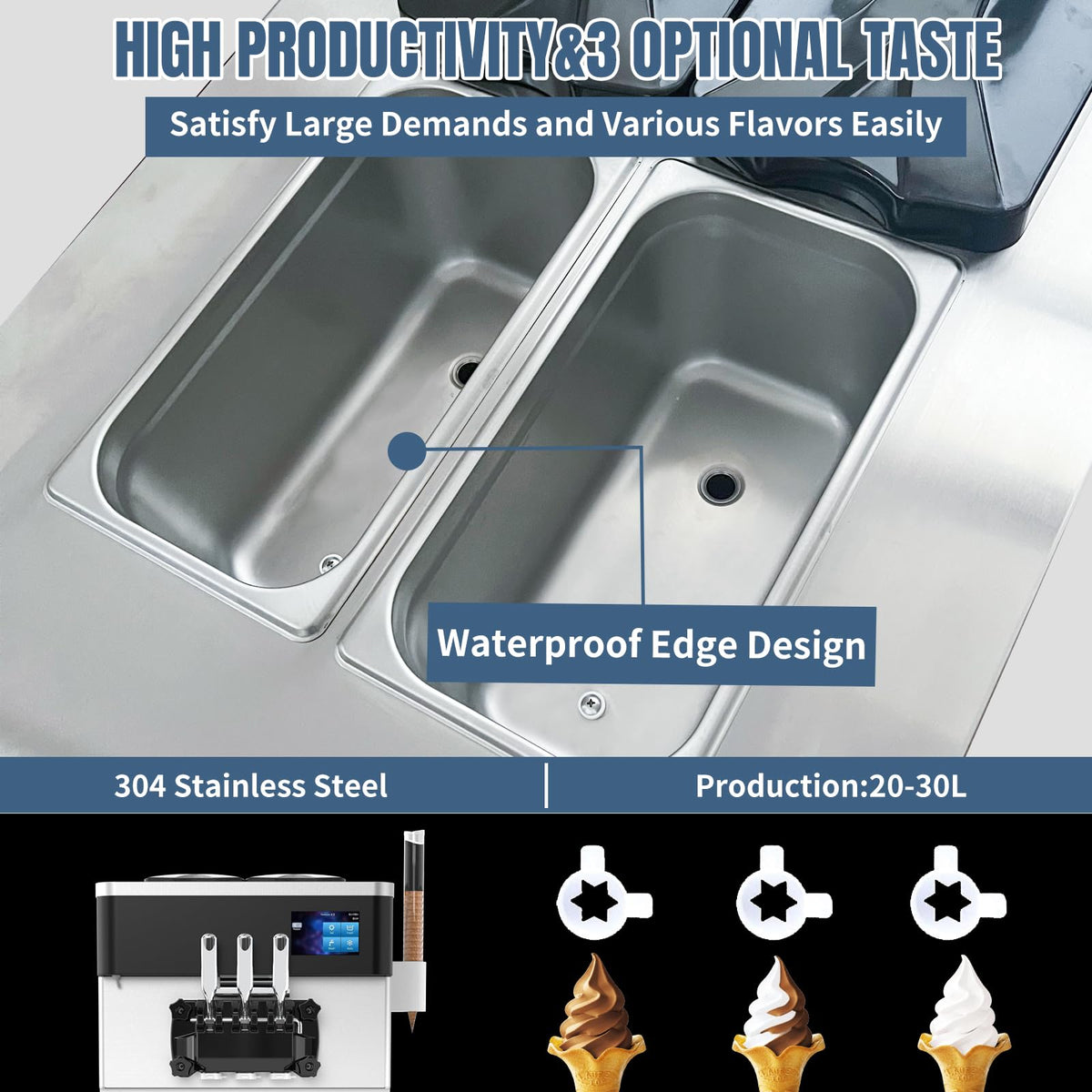 Commercial Ice Cream Machine - 110V 2450W 3 Flavors Soft Serve Ice Cream Machine 5.3 to 7.4 Gallons/H Auto Clean LCD Touch Screen Ideal Soft Serve Maker for Snack Restaurants Bars