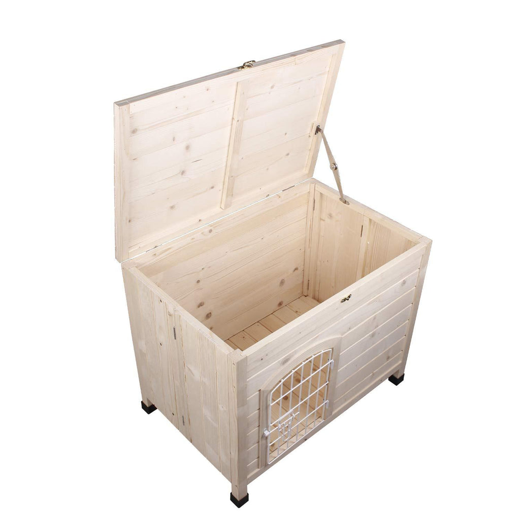 LINLUX Indoor Wooden Dog House with Wire Door, Foldable Kennel with Opening Roof &amp; Adjustable Feet, Only 4-Steps Assembled, Home Pet Furniture