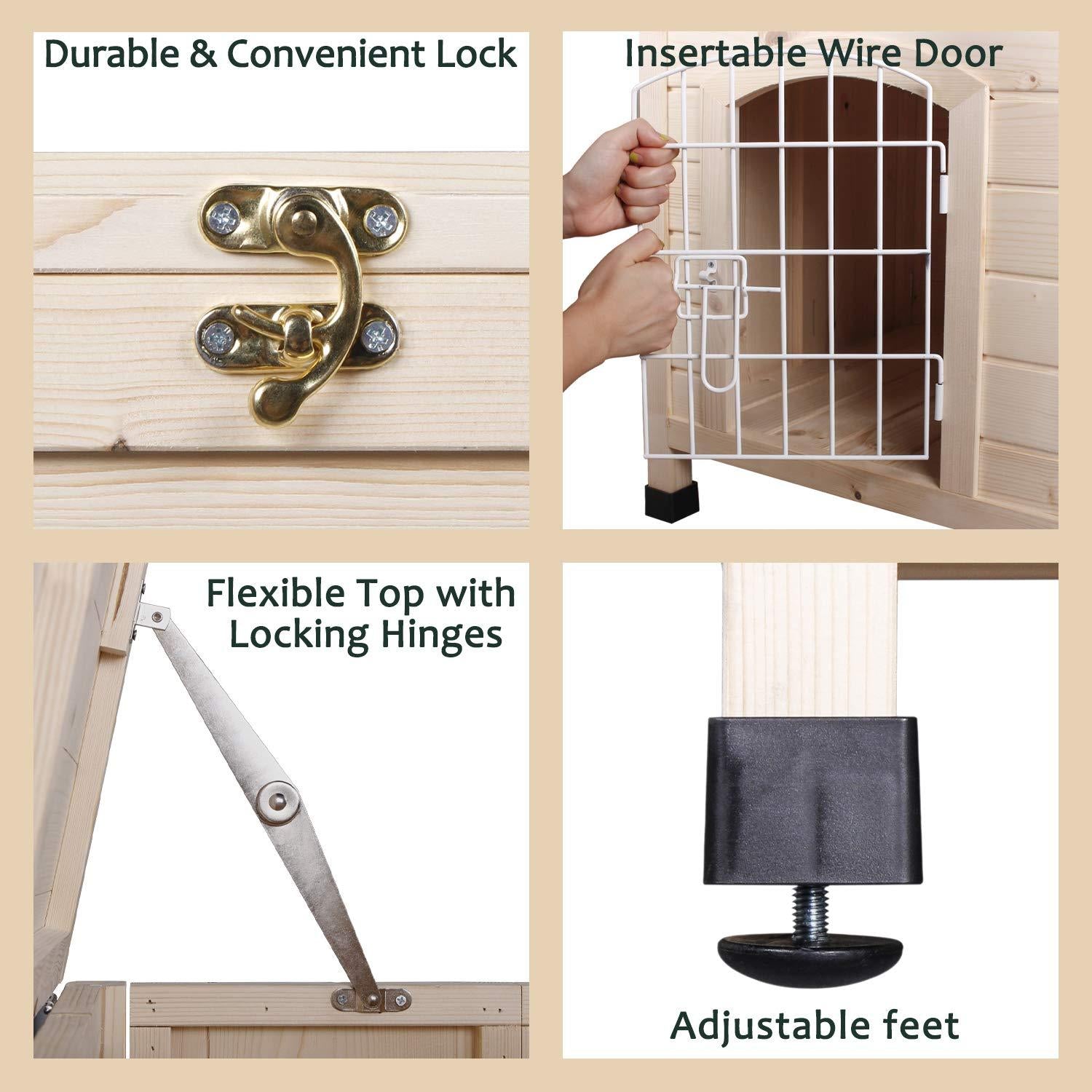 LINLUX Indoor Wooden Dog House with Wire Door, Foldable Kennel with Opening Roof &amp; Adjustable Feet, Only 4-Steps Assembled, Home Pet Furniture