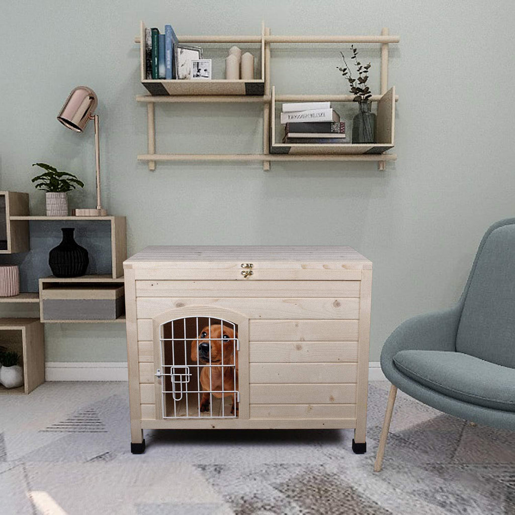 LINLUX Indoor Wooden Dog House with Wire Door, Foldable Kennel with Opening Roof &amp; Adjustable Feet, Only 4-Steps Assembled, Home Pet Furniture