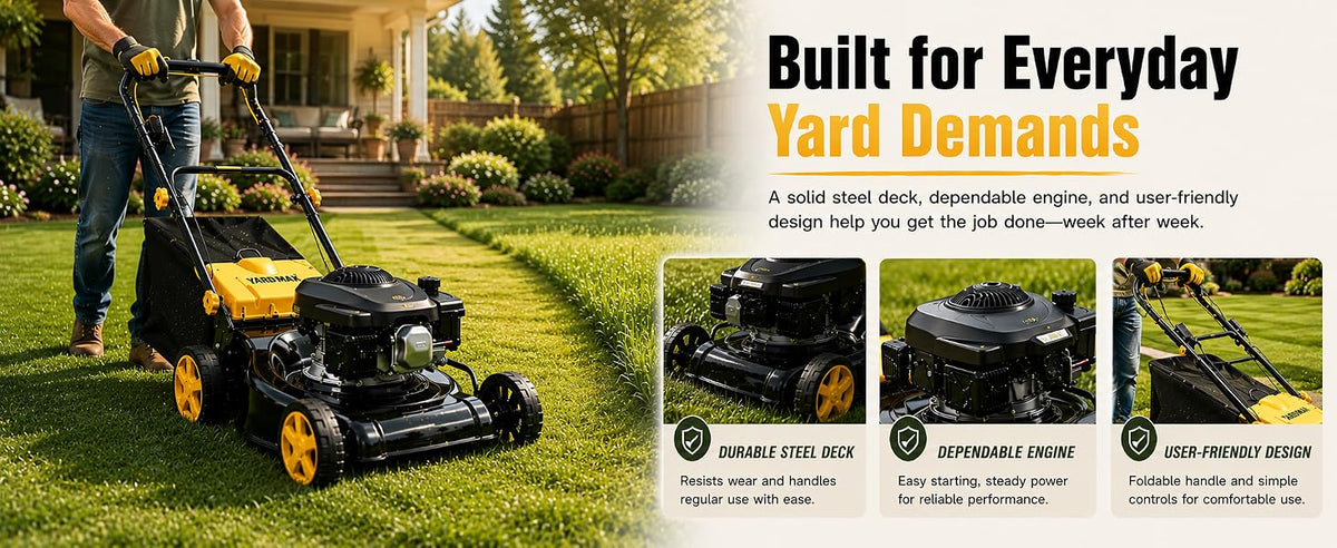 132CC Gas Lawn Mower 16-Inch with 45L Grass Bag and Height Adjustment | 4-stroke engine, 16-inch cutting width, 45L grass bag, 8-position height adjustment for small to medium yards