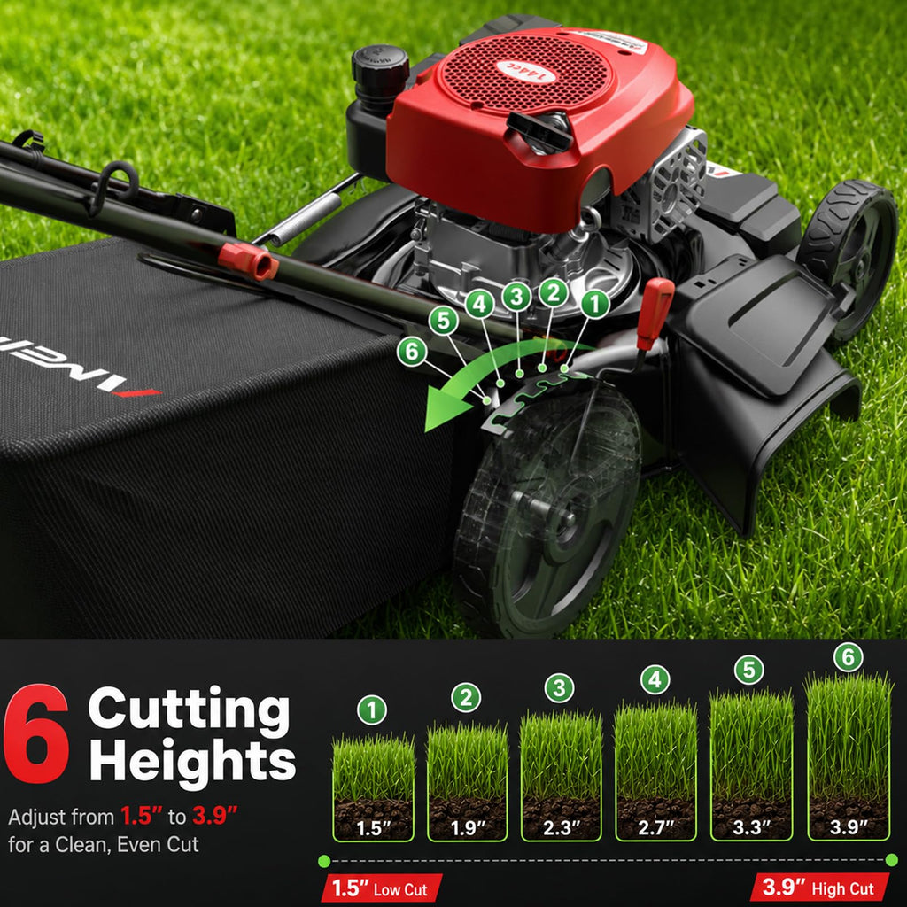 21-Inch Gas Push Lawn Mower for LarYard, 144cc 4-Stroke Engine, 6-Position Adjustable Cutting Height, 3-in-1 Mulching, Side Dischar&amp; Rear Bag for Garden Landscaping