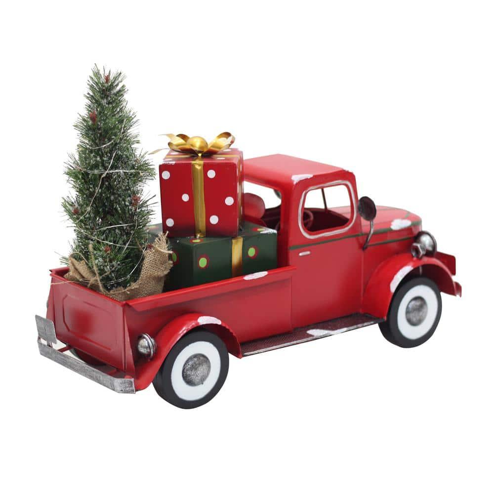 19 in. Snow Covered Pickup Truck with Lighted Christmas Tree and Gifts