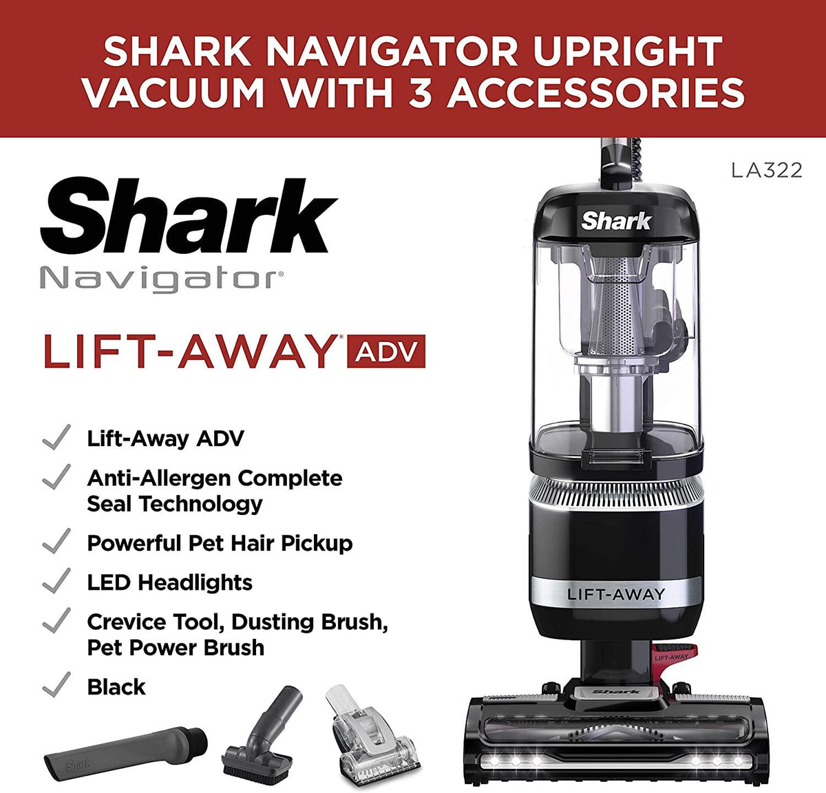 Shark LA322 Navigator Lift-Away ADV Corded Upright Vacuum with Pet Power Brush Crevice and Upholstery Tool, Black