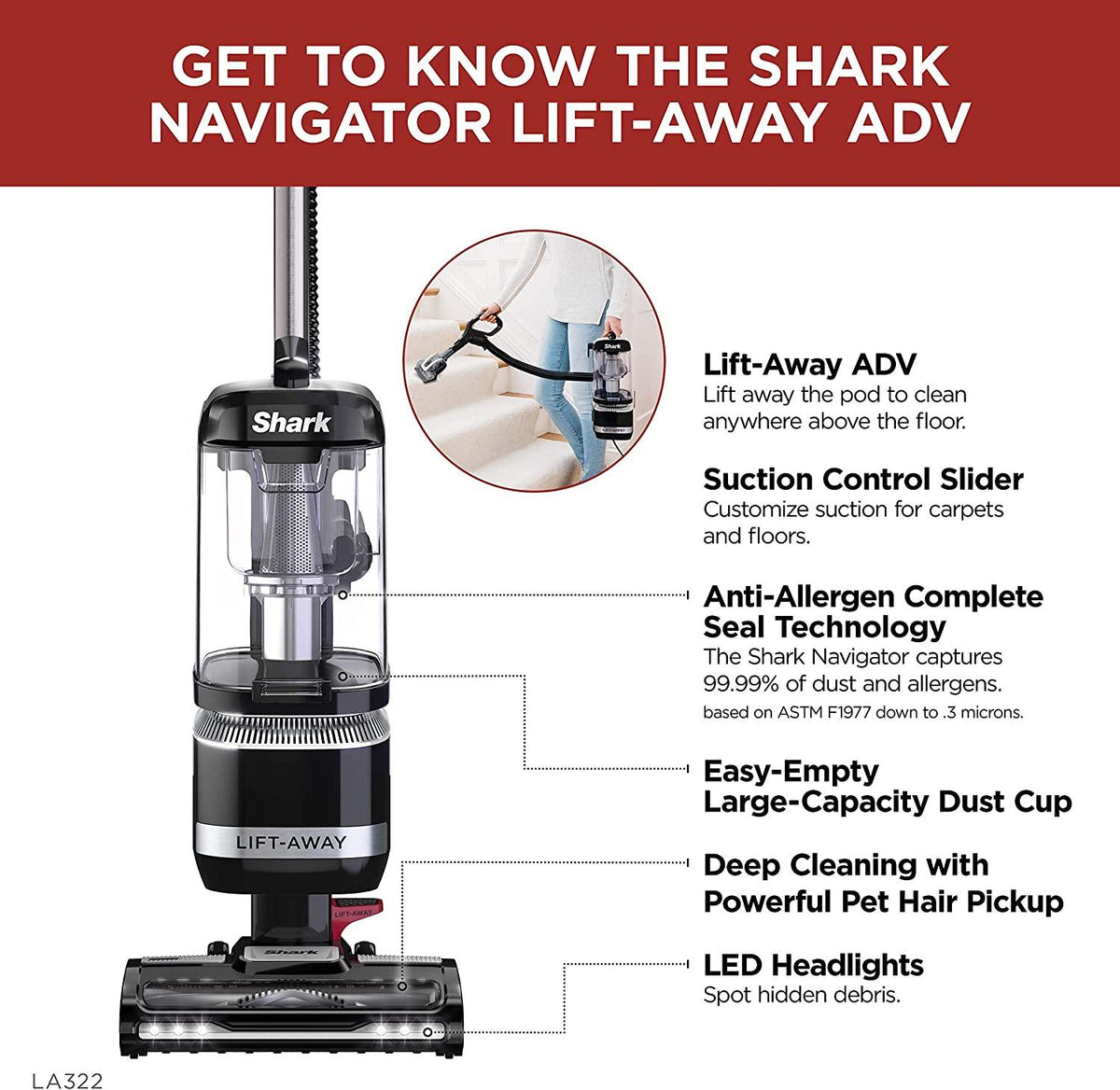 Shark LA322 Navigator Lift-Away ADV Corded Upright Vacuum with Pet Power Brush Crevice and Upholstery Tool, Black