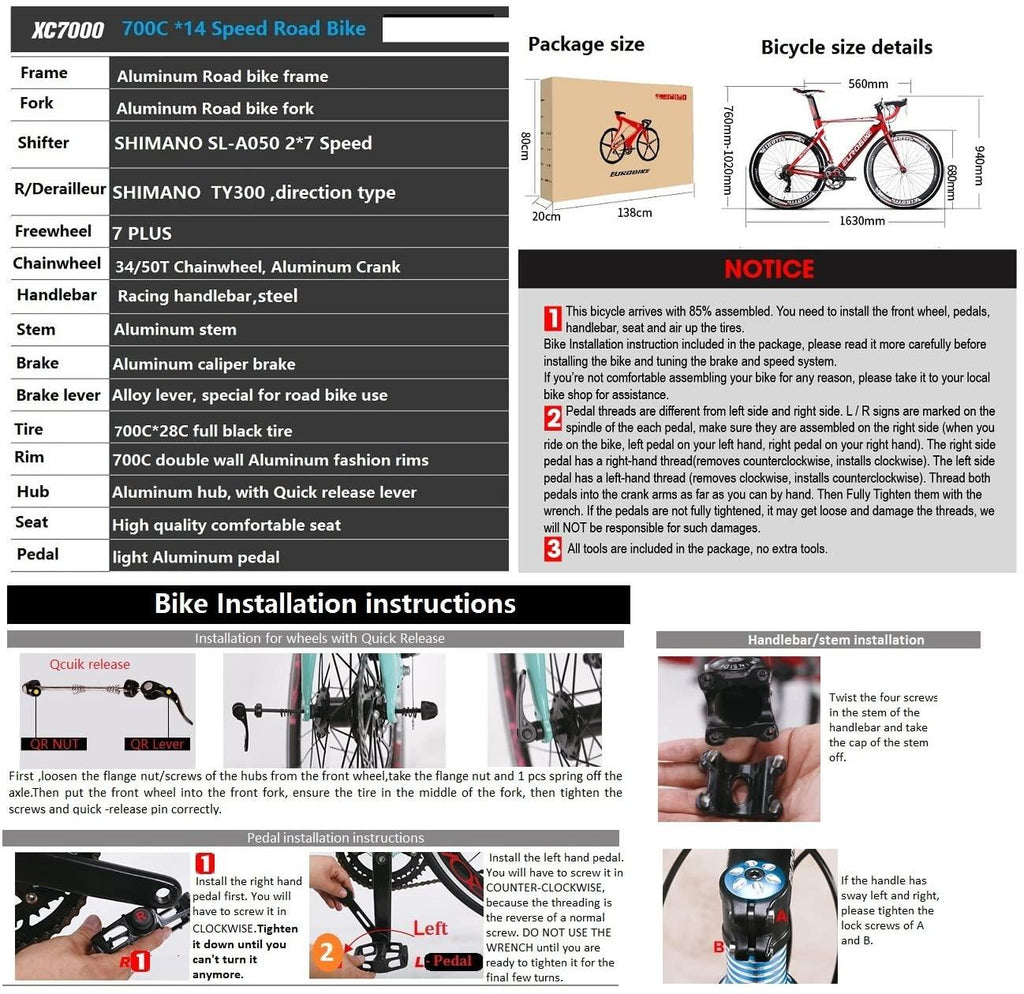 EUROBIKE Road Bike XC7000 14 Speed Bike Light Aluminum Frame 700C Bicycle
