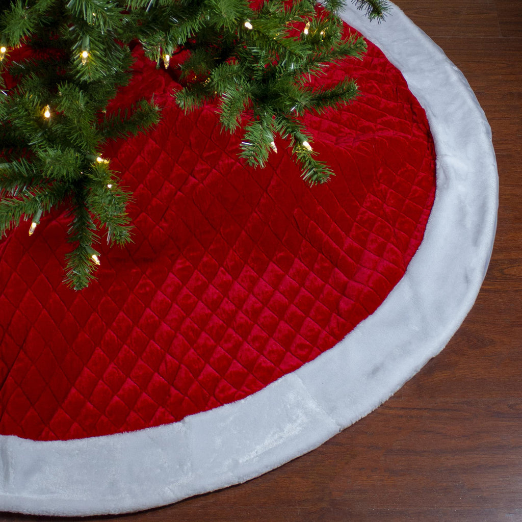 72" Red and White Quilted Christmas Tree Skirt with Faux Fur Trim