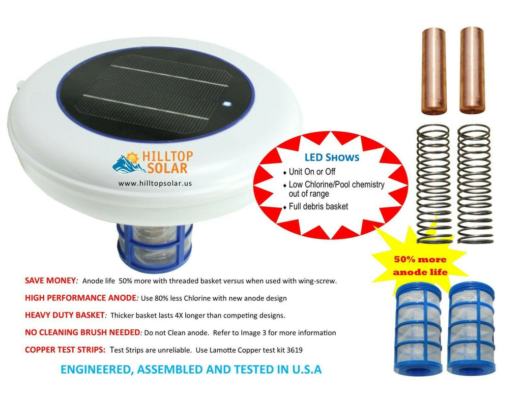 solar powered pool ionizer | led on/off | kills algae | covers up to 35,000 gal
