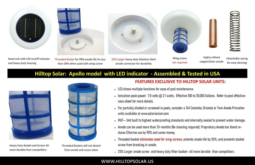 solar powered pool ionizer | led on/off | kills algae | covers up to 35,000 gal