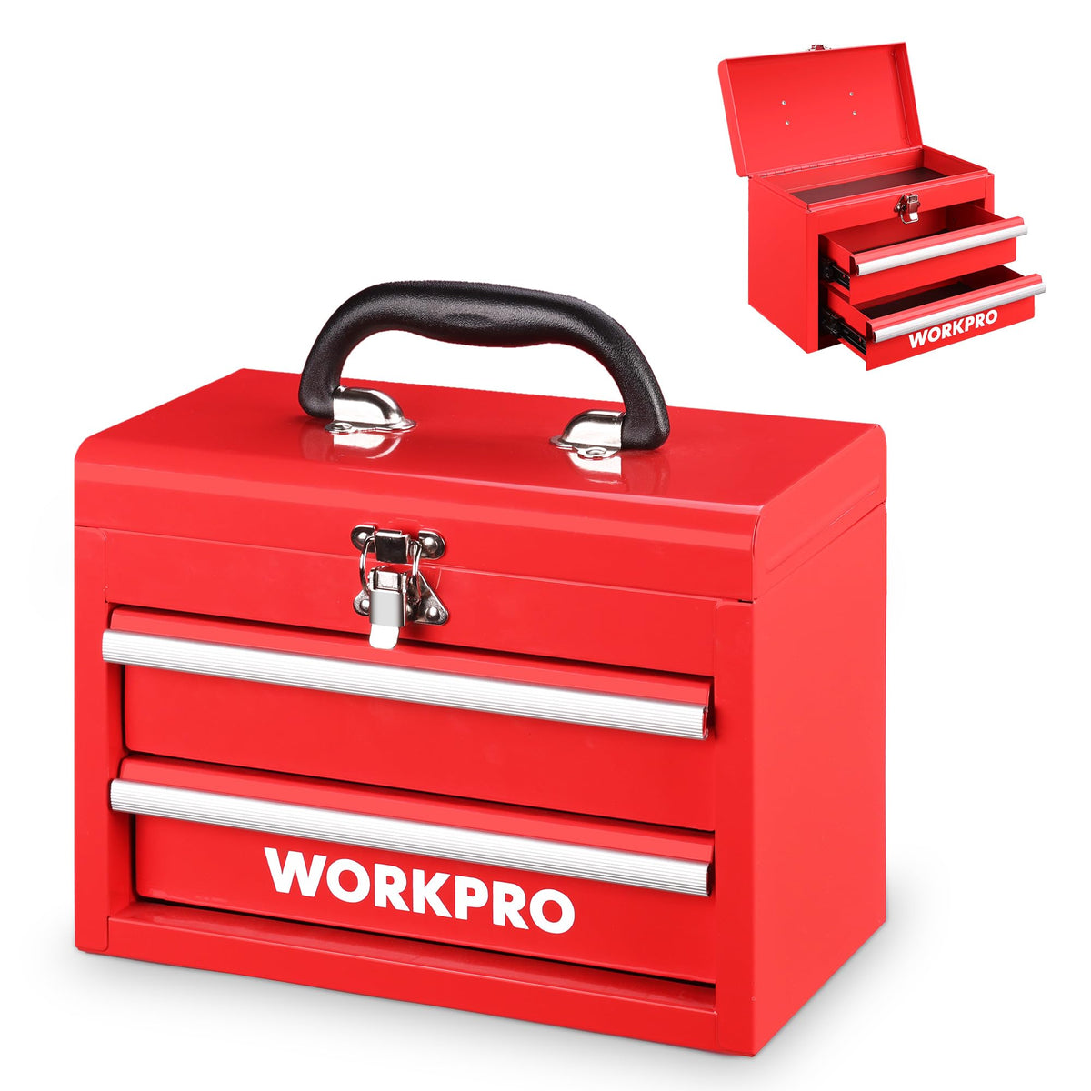 Portable Mini Metal Tool Box with 2 Drawers | Metal Tool Chest, Ball Bearing Slides, Top Storage, Latch Handle, PVC Drawer Liners, PP Feet Pads