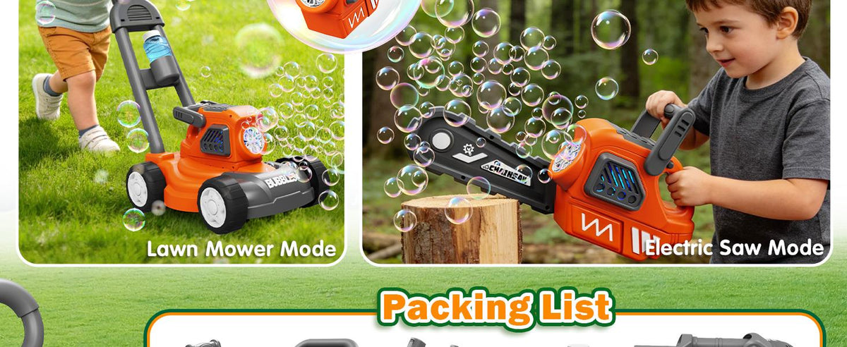 Bubble Lawn Mower for Kids,3-in-1 Bubble Machine Blower Toy Ages 3-8 Oran| Automatic Bubble Blower,10 Solution Packs,Pretend Gardening Play,Push Toy for Toddlers,Summer Outdoor Gift for Boys and Girls