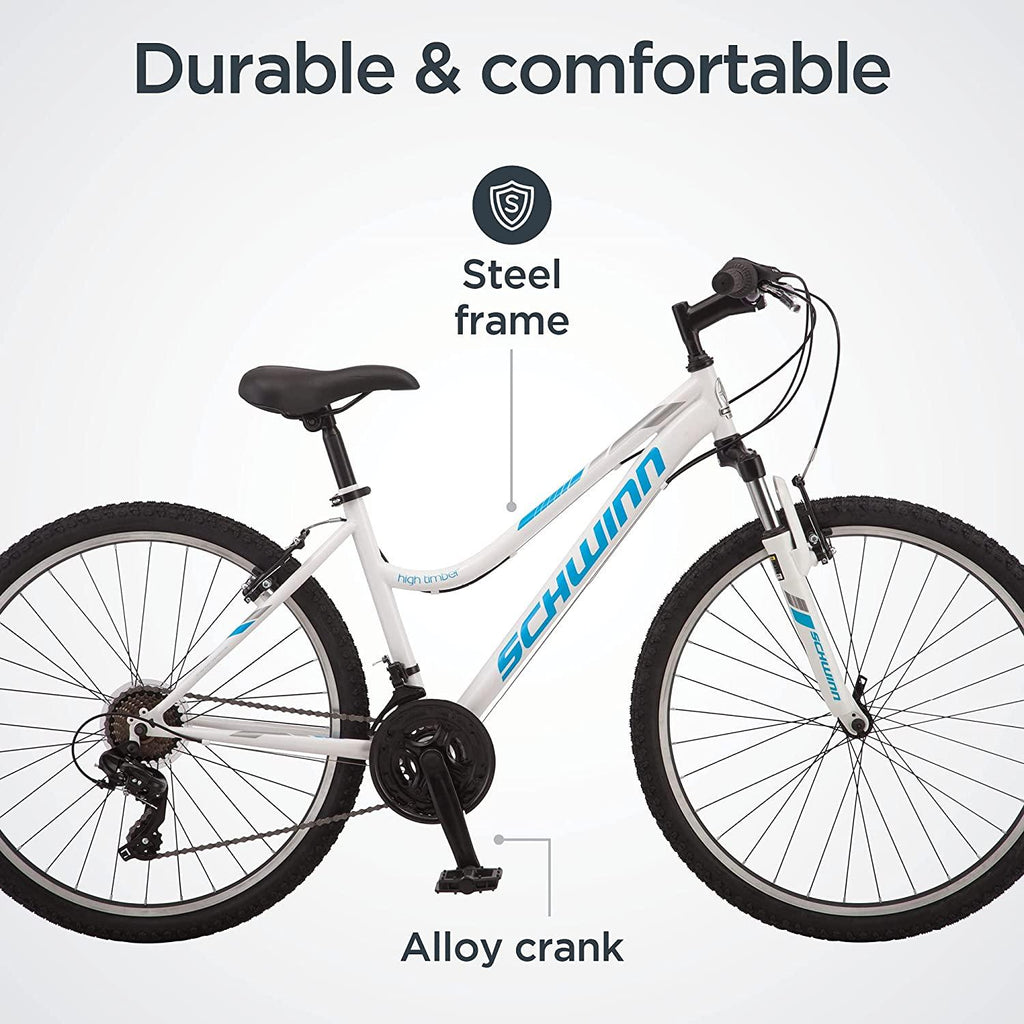 Schwinn High Timber Youth/Adult Mountain Bike, Steel Frame, 26-Inch Wheels, 21 Speed, White/Blue