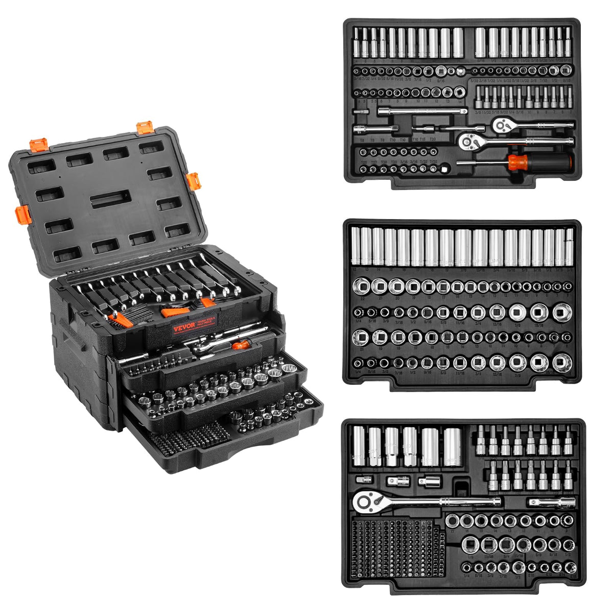 Mechanics Tool Set and Socket Set, 1/4" 3/8" 1/2" Drive, 450 PCS | SAE and Metric Socket Wrench Set with 3-Drawer Tool Box, Tool Kit with Bits, Combination Wrench, Hex Wrenches, Accessories