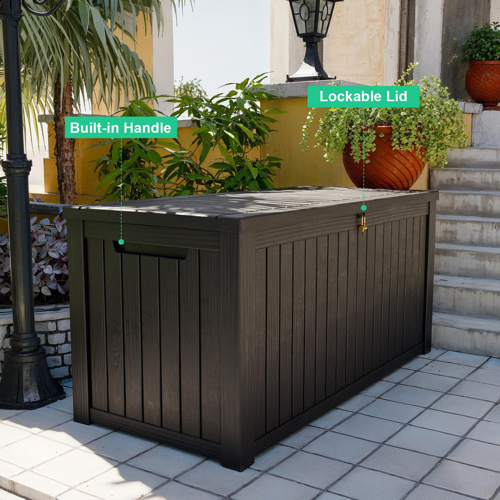 200 Gallon Outdoor Deck Box, Lockable Waterproof Outdoor StoraBoxes For Garden Tools,Indoor Cushions,Accessories Outside StoraResin Weatherproof Container(Black)