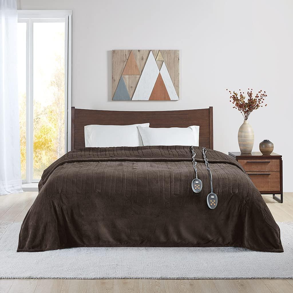SWJYH - BR54-0388 Heated Microlight to Berber Elect Electric Blanket with Two 20 Heat Level Setting Controllers, King: 90x100, Chocolate