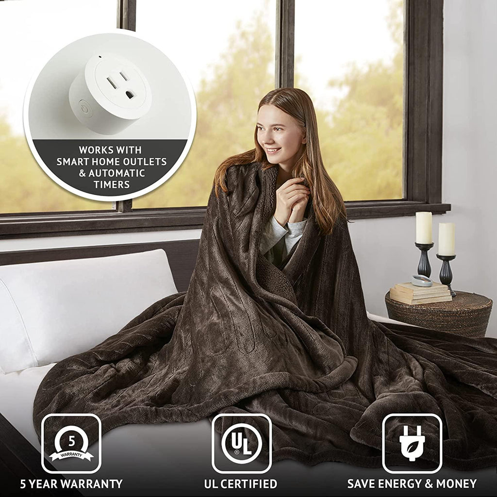 SWJYH - BR54-0388 Heated Microlight to Berber Elect Electric Blanket with Two 20 Heat Level Setting Controllers, King: 90x100, Chocolate