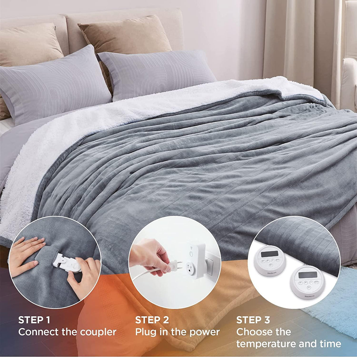 Bedsure Fleece Electric Blanket - Heated Blanket, 10 Heat Settings Heating Blanket with 10 Time Settings, 8hrs Timer Auto Shut Off, Dual Control (90×100 inches, Grey)