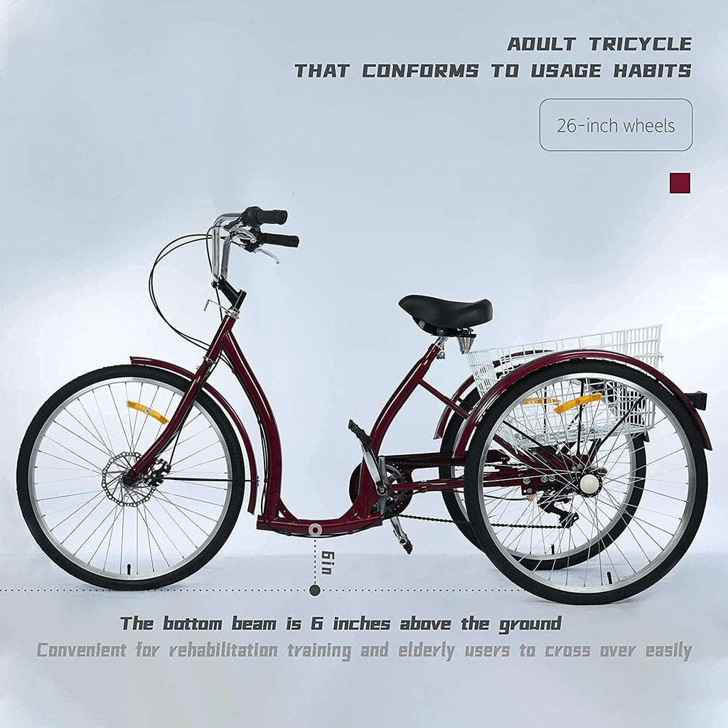 20/24/26 inch Adult Trikes 3 Wheeled Bike, Tricycles 3 Wheel 6/7 Speed Cruise Bike with LarSize Basket for Recreation, Shopping, Exercise Men's Women's Bike