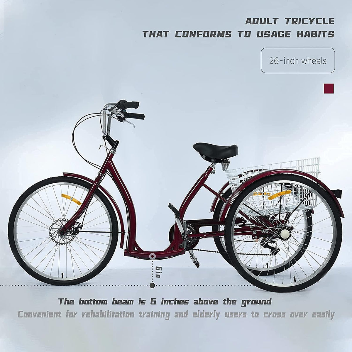 20/24/26 inch Adult Trikes 3 Wheeled Bike, Tricycles 3 Wheel 6/7 Speed Cruise Bike with LarSize Basket for Recreation, Shopping, Exercise Men's Women's Bike