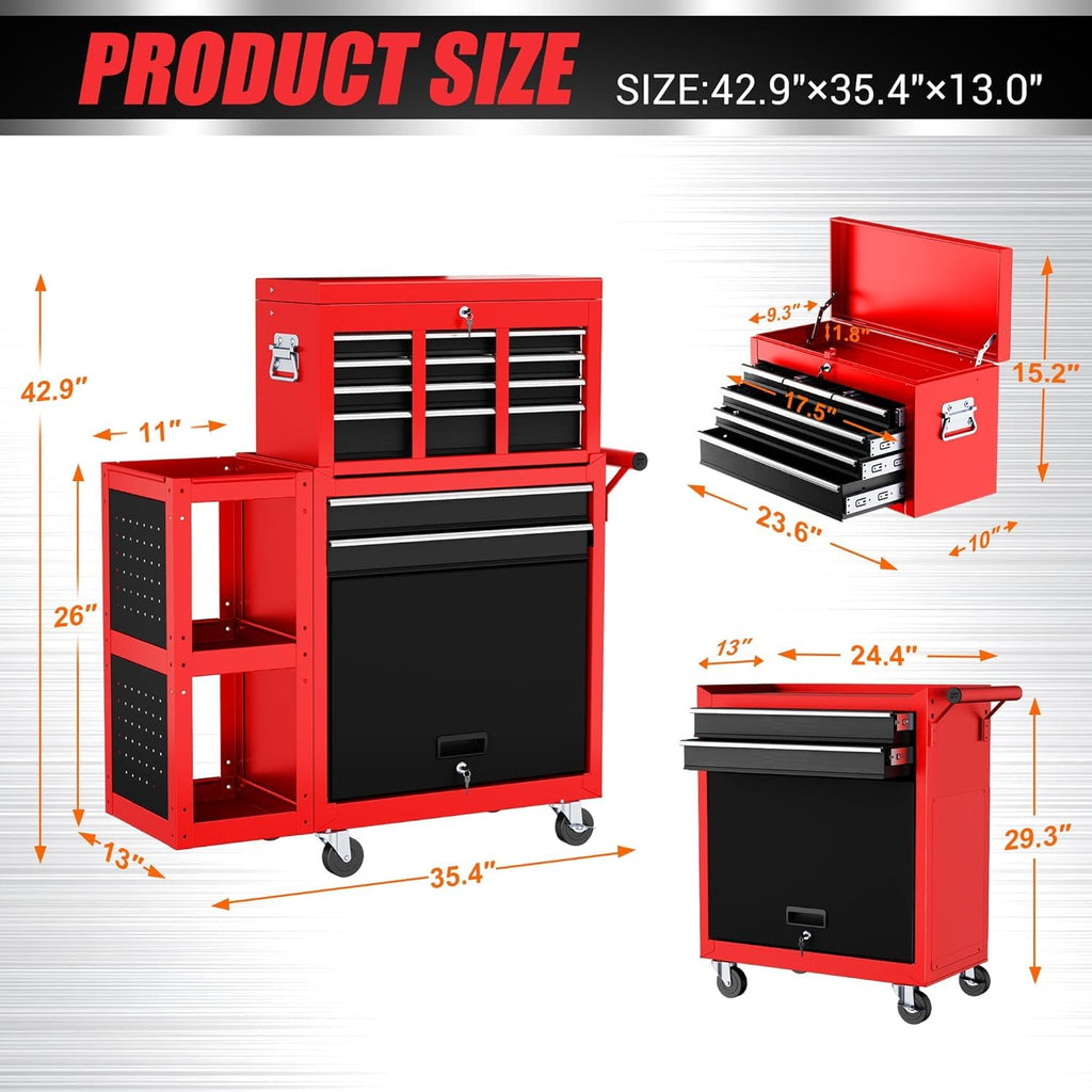 Heavy Duty 8 Drawer Rolling Tool Chest, 3-In-1 Modular Tool Box Set with Detachable 4-Tire Utility Cart, Lockable Workshop Tool Cabinet with Protective Liner, 35”W x 13”D x 43”H Industrial Warehouse