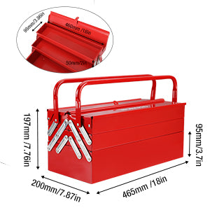 Metal Tool Box, 18-inch Cantilever Folding Red StoraBox, 3-Layer 5-Tray Multi-Function Tool Organizer, Red
