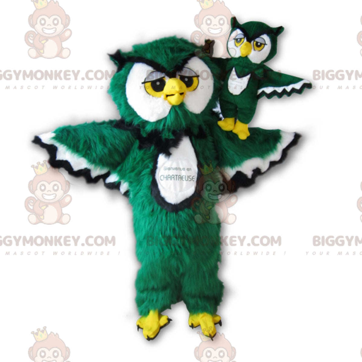 BIGGYMONKEYChartreuse Mascot Costume. Green White and Black Owl BIGGYMONKEYMascot Costume