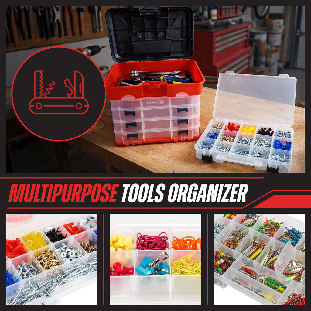 Small Parts Organizer Box - 11-Inch Portable StoraCase with 4 Removable Multi-Compartment Trays for Screws, Beads, Small Fishing Tackle, Hardware, and Craft Supplies by  (Red)